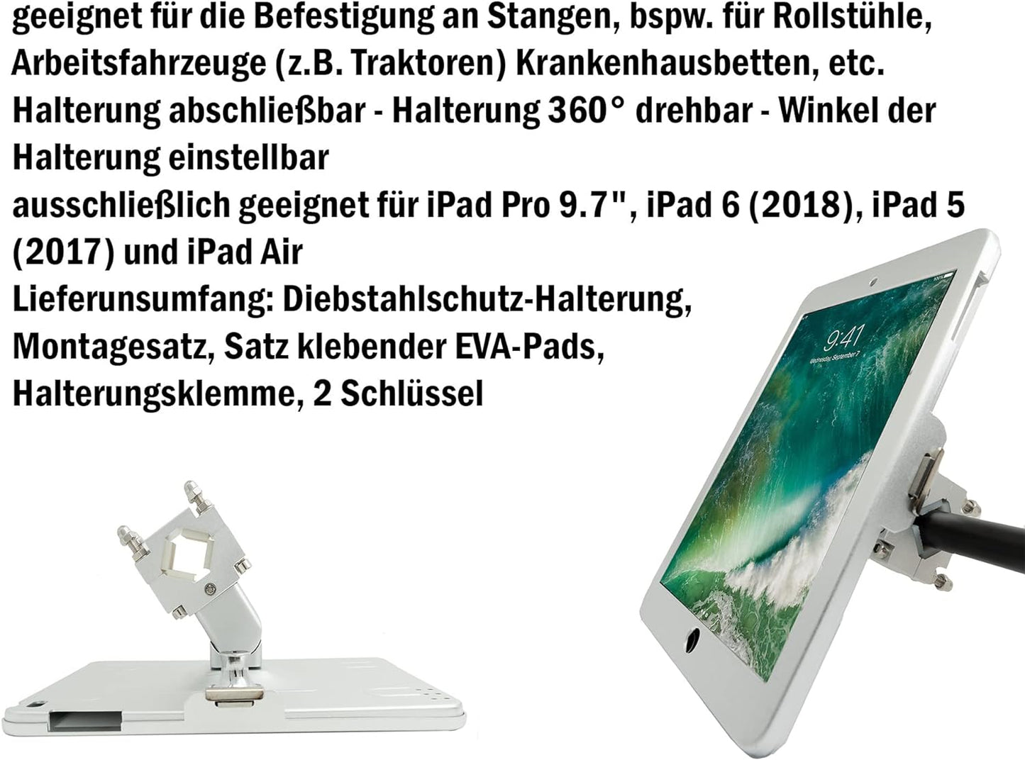 SYSTEM-S stangarhaldari með lásfestingu úr málmi fyrir iPad 9.7" (2018) A1673 A1674 A1675 A1893 A1954 A1822 A1823 A1474 A1475 A1476 A1566 A1567 Air 1 2