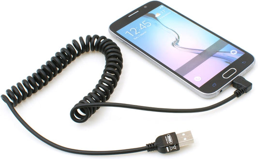 System-S Micro USB 2.0 spíralkapall 90 gráðu hallandi tengi (vinstri/karl) gagnasnúra hleðslusnúra 150 cm