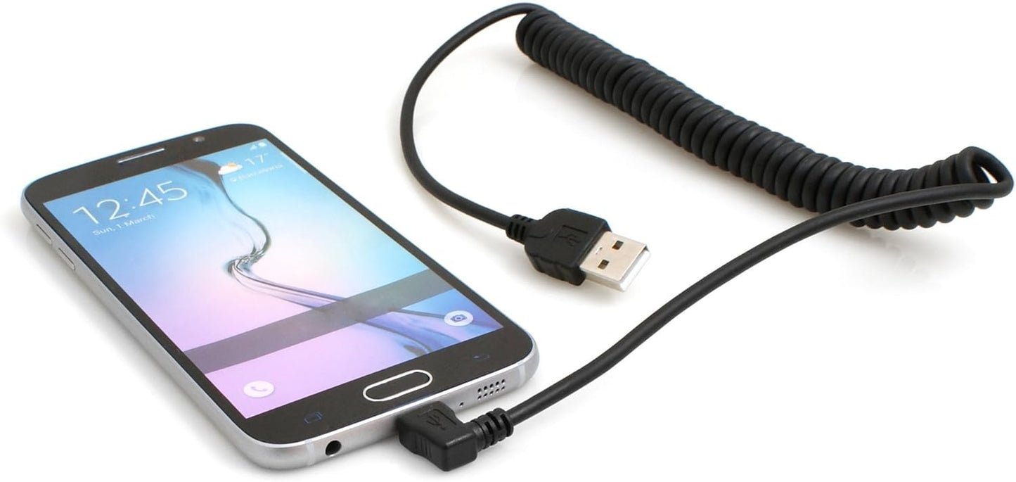 System-S teygjanlegur spíralkapall Micro USB 2.0 kapall með 90 gráðu horntengi (hægri/karlkyns) gagnasnúra og hleðslusnúra 50 - 135 cm