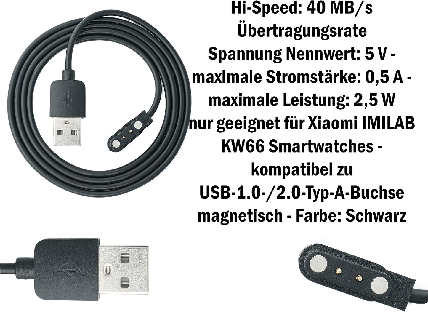 SYSTEM-S USB 2.0 snúra í svörtu hleðslusnúru fyrir Xiaomi IMILAB KW66 snjallúr