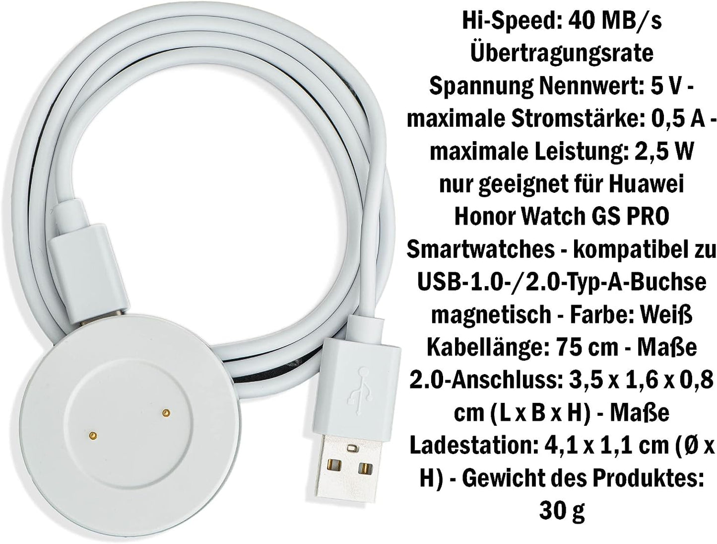 SYSTEM-S USB 2.0 snúra 75 cm hvít hleðslustöð fyrir Huawei Honor Watch GS PRO snjallúr