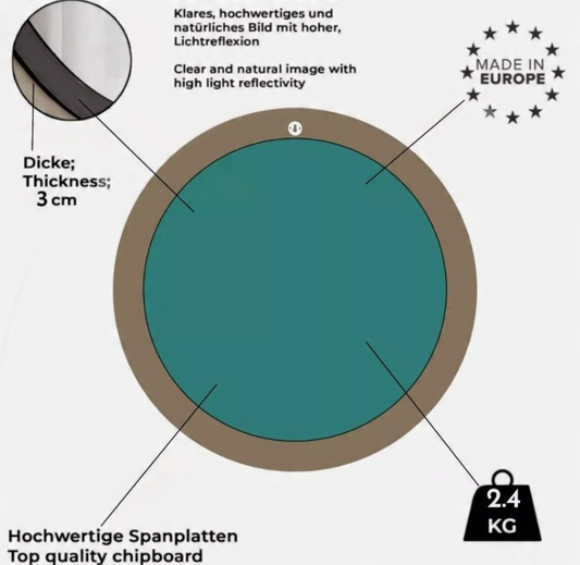 B-flokks Gozos veggspegill, hengispegill, kringlóttur spegill 78x78 cm, Obejo skrautspegill