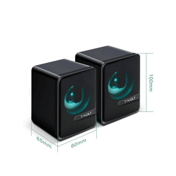 Hátalari með stereóhljóði, bassahátalara, 3,5 mm AUX-tengi með RGB LED-ljósi í svörtu.