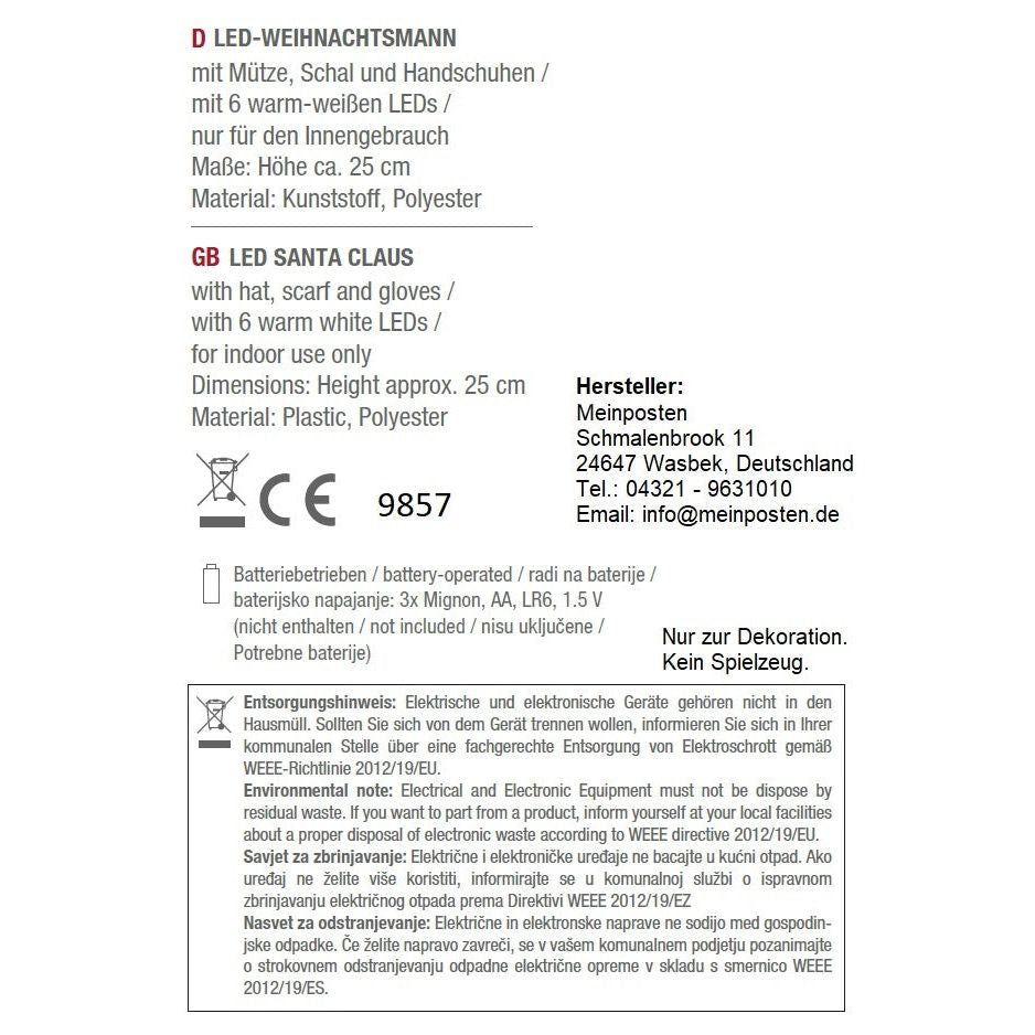 Weihnachtsmann LED Schal & Mütze Beleuchtung warmweiß Höhe 25 cm