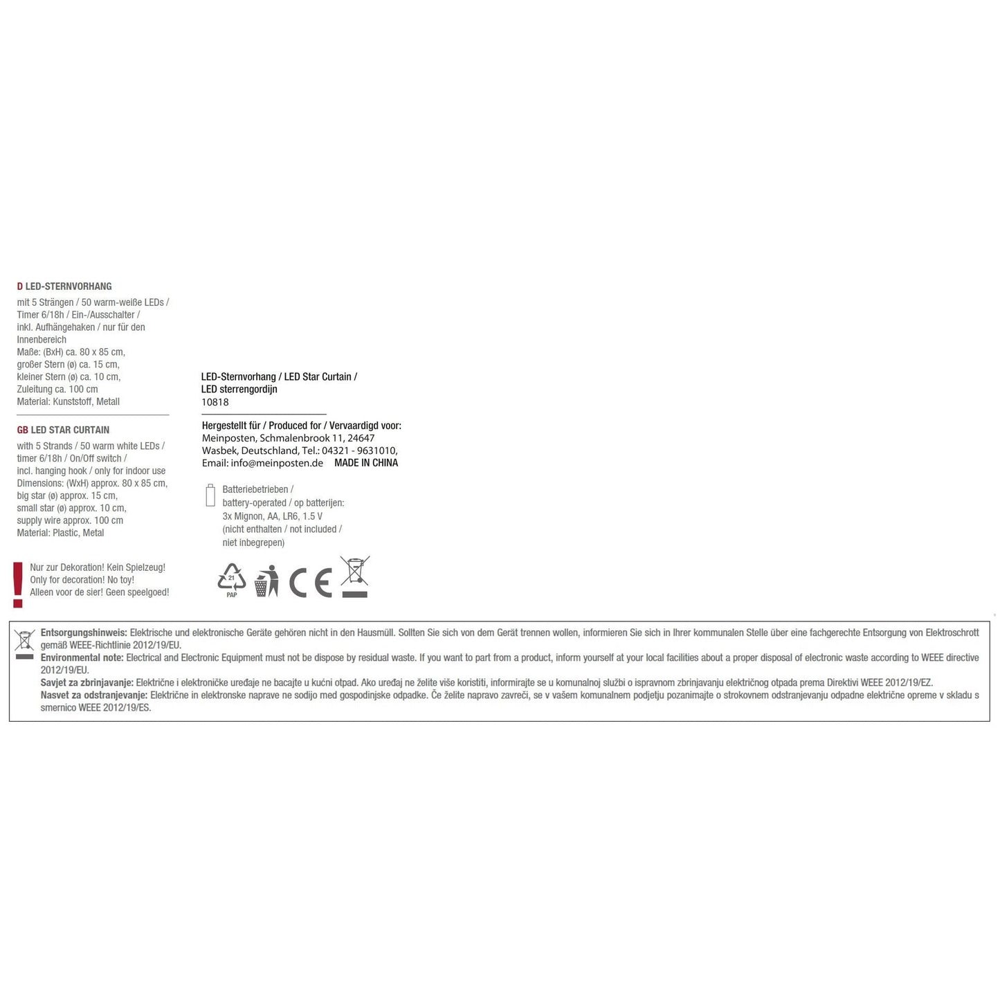 Sternenvorhang Lichterkette LED Timer Batterie 80x85 cm