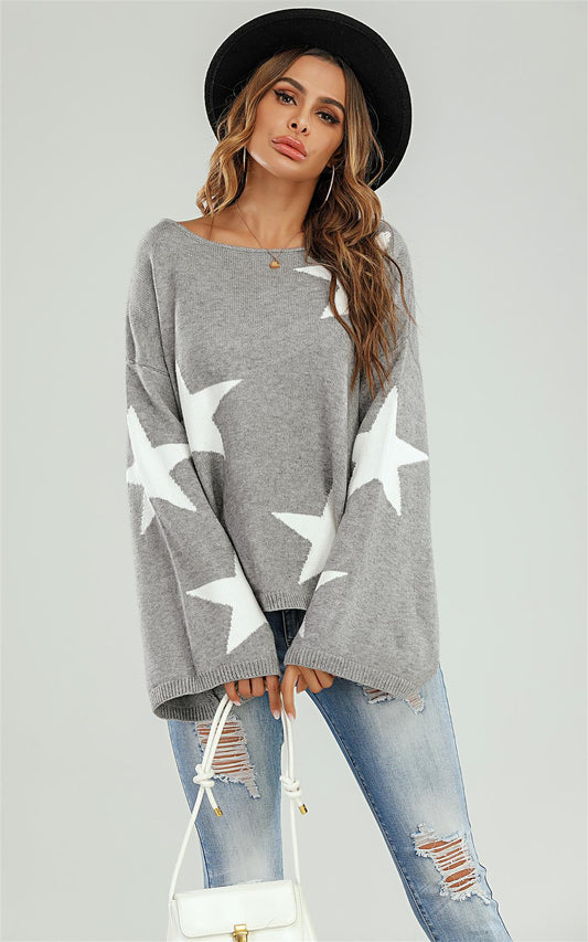 Wide Sleeve Oversized Gray Jumper With White Star