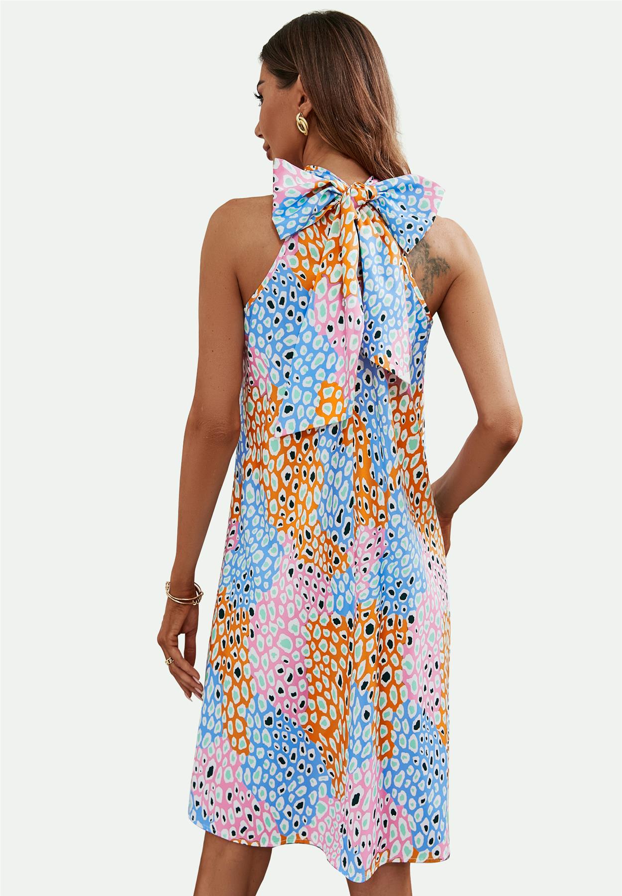 Leopard Print Halter Neck Tie Back Mini Dress In Pink & Blue & Yellow