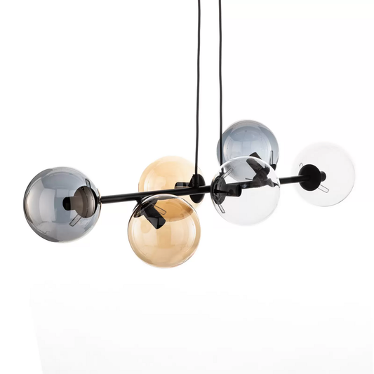 Hengilampi á lager, Glassy, 6 perur, grafít, gulbrúnt, glært gler, 110 cm, ljóslampi