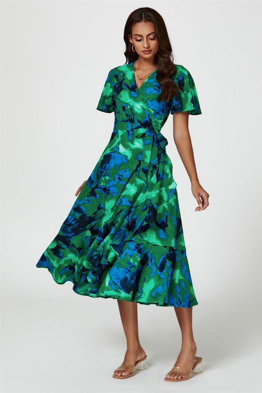 Abstract Print Midi Wrap Dress In Green