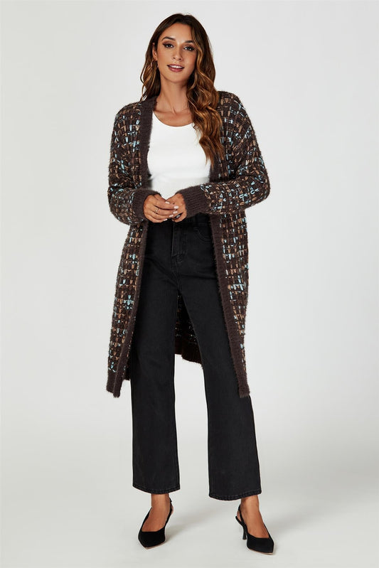 Boucle Check Cardigan In Brown With Multicolor Speckles