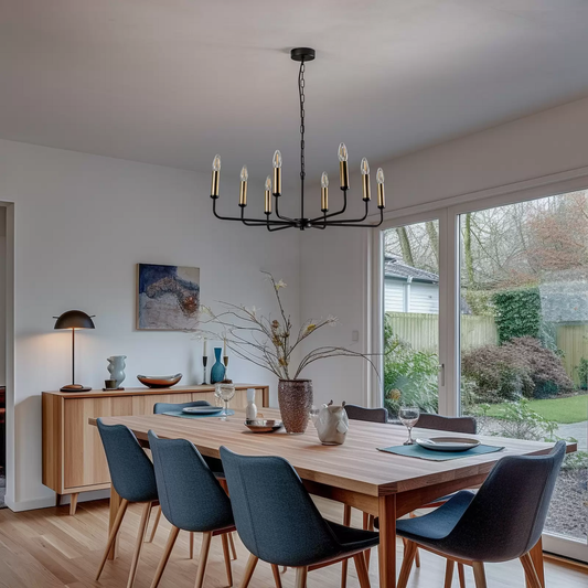 Ampli ljósakróna í B-flokki, svört og gullin, 8-ljósa loftljós, hengiljós, 277