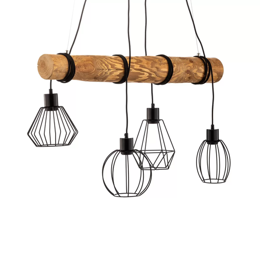 Ýmislegt hengiljós frá Envostar, í B-flokki, með fjórum ljósum, furu, með náttúrulegri áferð.