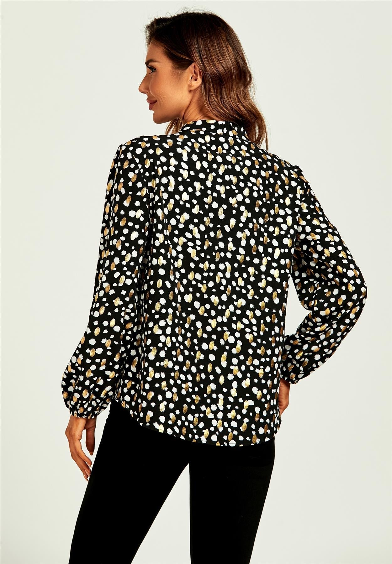 Gold Foil Leopard Print Pussy Bow Blouse/Top In Black