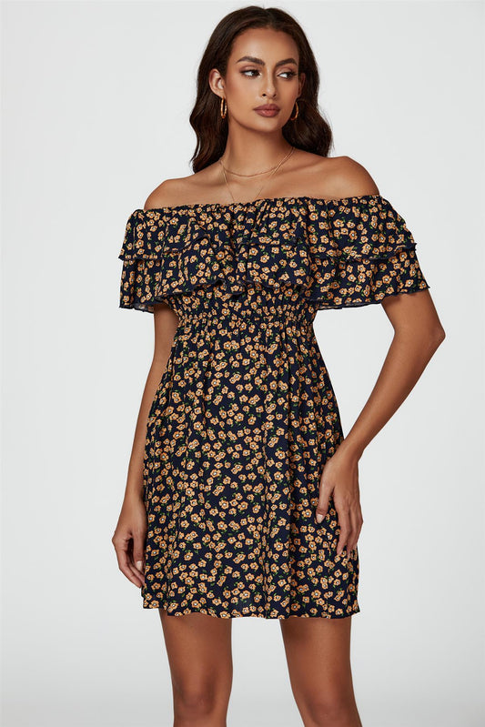 Floral Print Bardot Frill Mini Dress In Navy