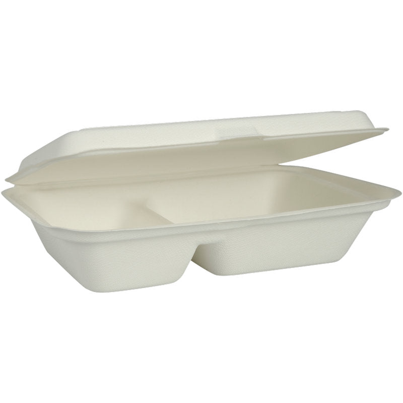 Menübox, Bagasse, 2-geteilt, Weiß, 25x16,2x6,3 cm | Packung (50 Paare)