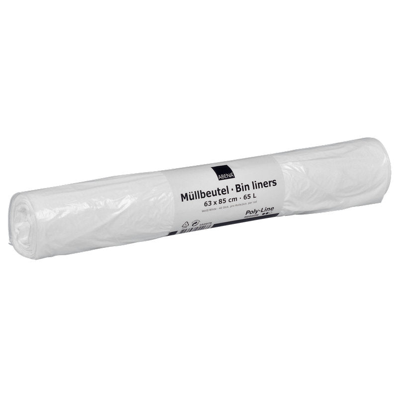 Müllbeutel 65 L, 630x850 mm, 13 my LDPE, Weiß | Rolle (40 Beutel)