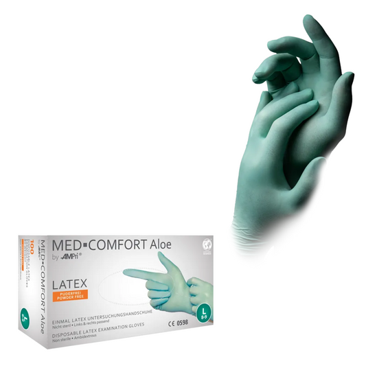 AMPri MED-COMFORT Aloe Latex Gloves, Powder-Free, Mint Green | Box (100 pieces)