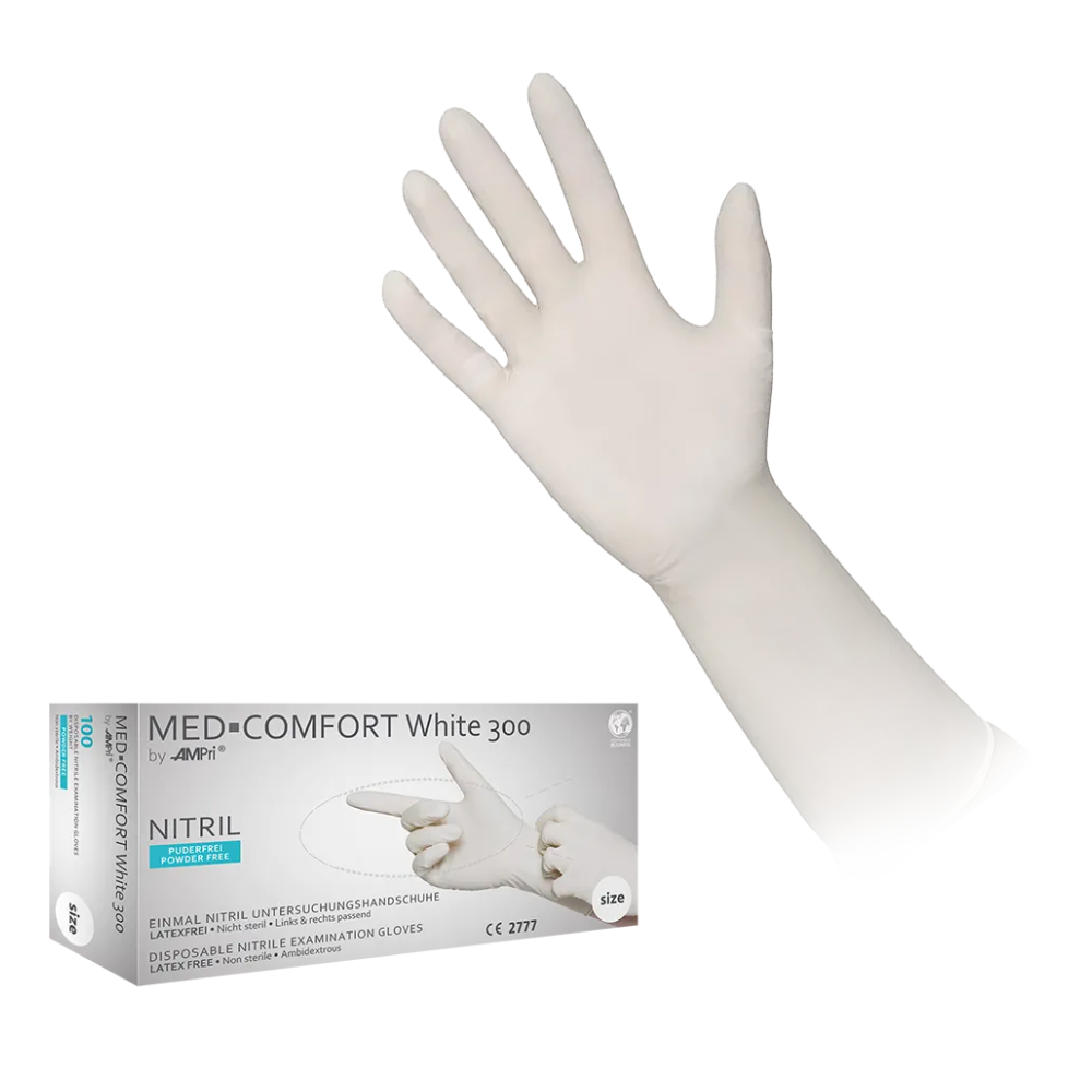 AMPri MED-COMFORT WHITE 300 Extra-Long Nitrile Gloves, Powder-Free, White