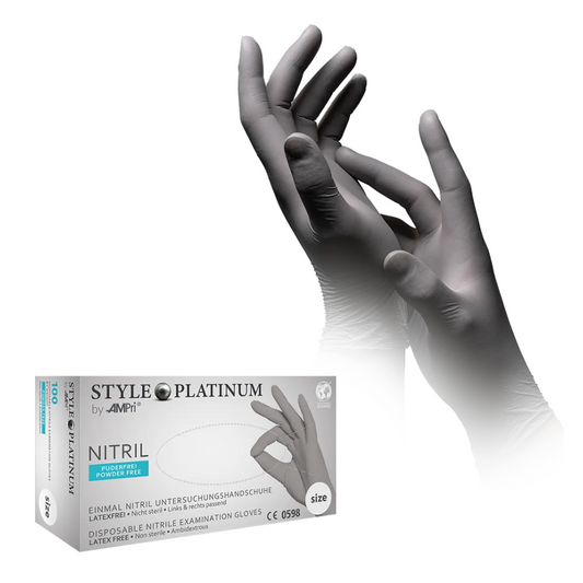 AMPri STYLE PLATINUM nitrile gloves, powder-free, by MED-COMFORT, silver grey