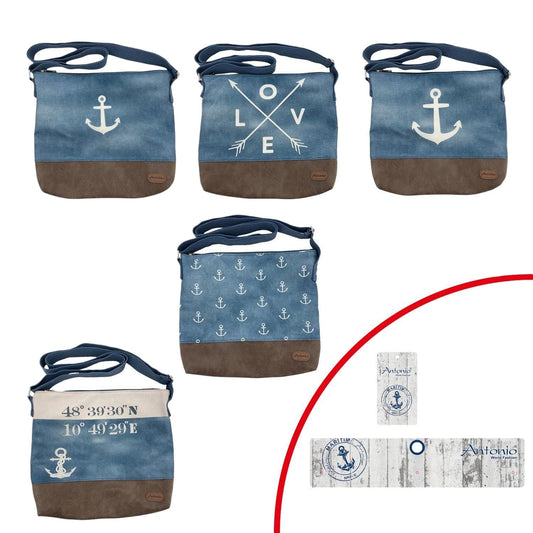 Damen Umhängetasche » Maritimer Vintage Stil » Weiß/Blau/Braun ca. 28 x 32 cm » Damen Handtasche » maritime Tasche mit Schultergurt
