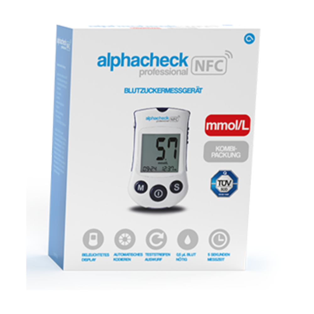 Alphacheck Professional NFC Blutzuckermessgerät Kombipackung | Packung (1 Stück)