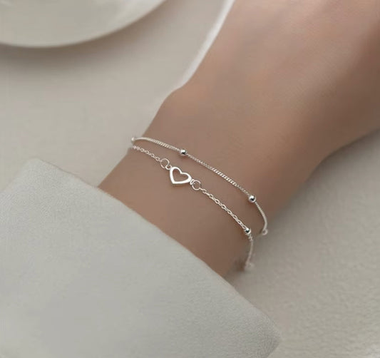 925 sterling silver bracelet, double-layered chain with heart, 15+5 cm