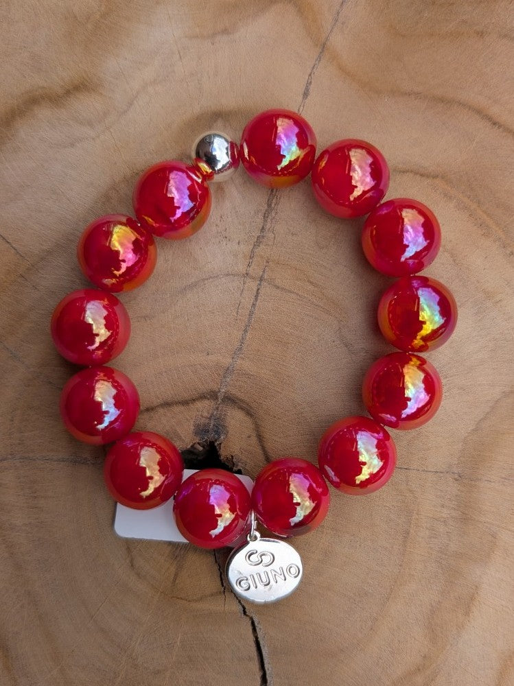 Elastic bracelet with acrylic and copper beads in a mother-of-pearl design, red ARU289-20