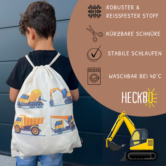 Children's gym bag construction vehicles 4 white