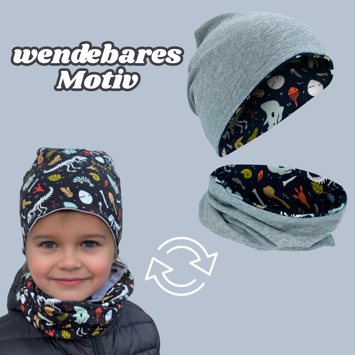 Kinder Beanie Mütze & Loop Set - Dino Knochen