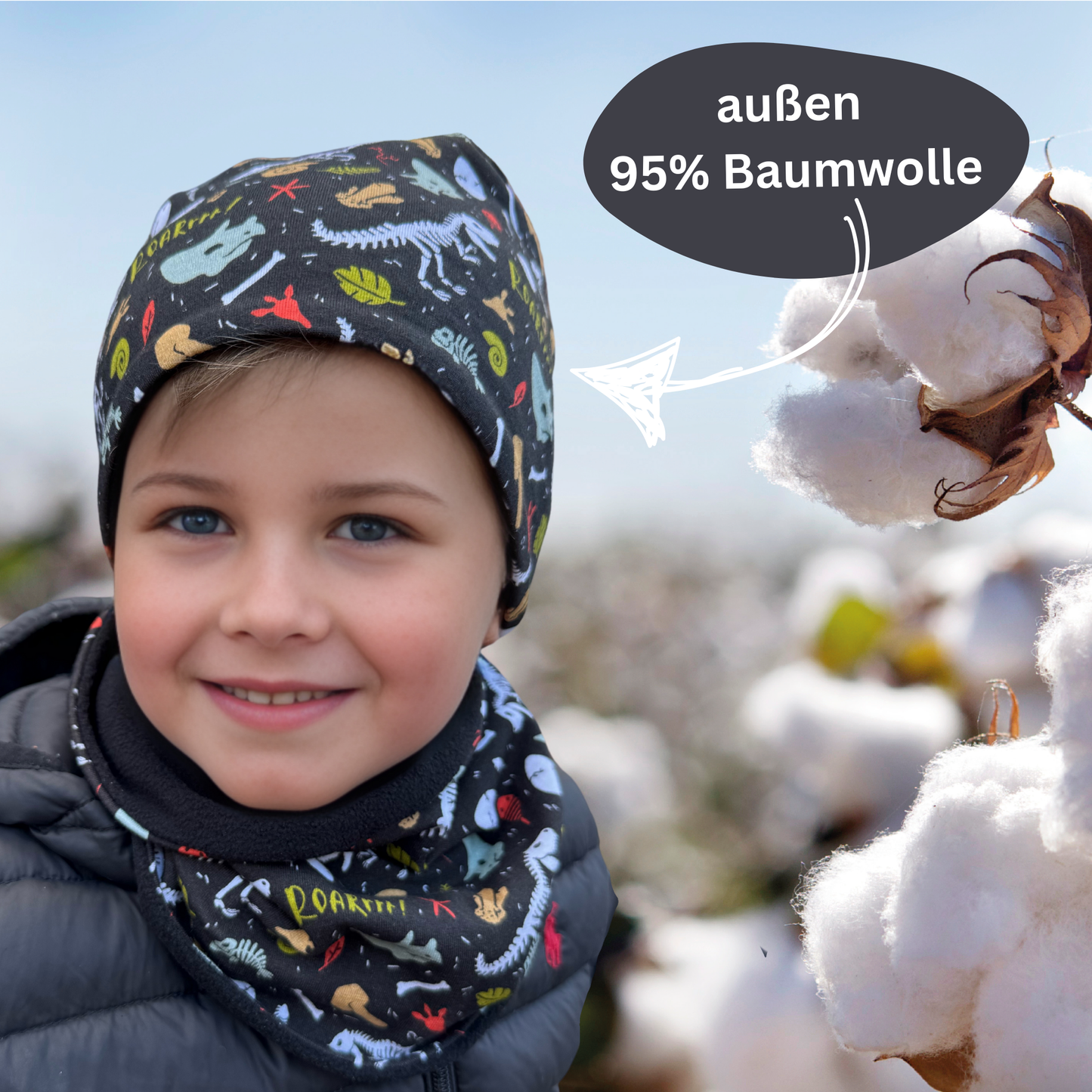 Kinder Beanie Mütze & Loop Set - Dino Knochen