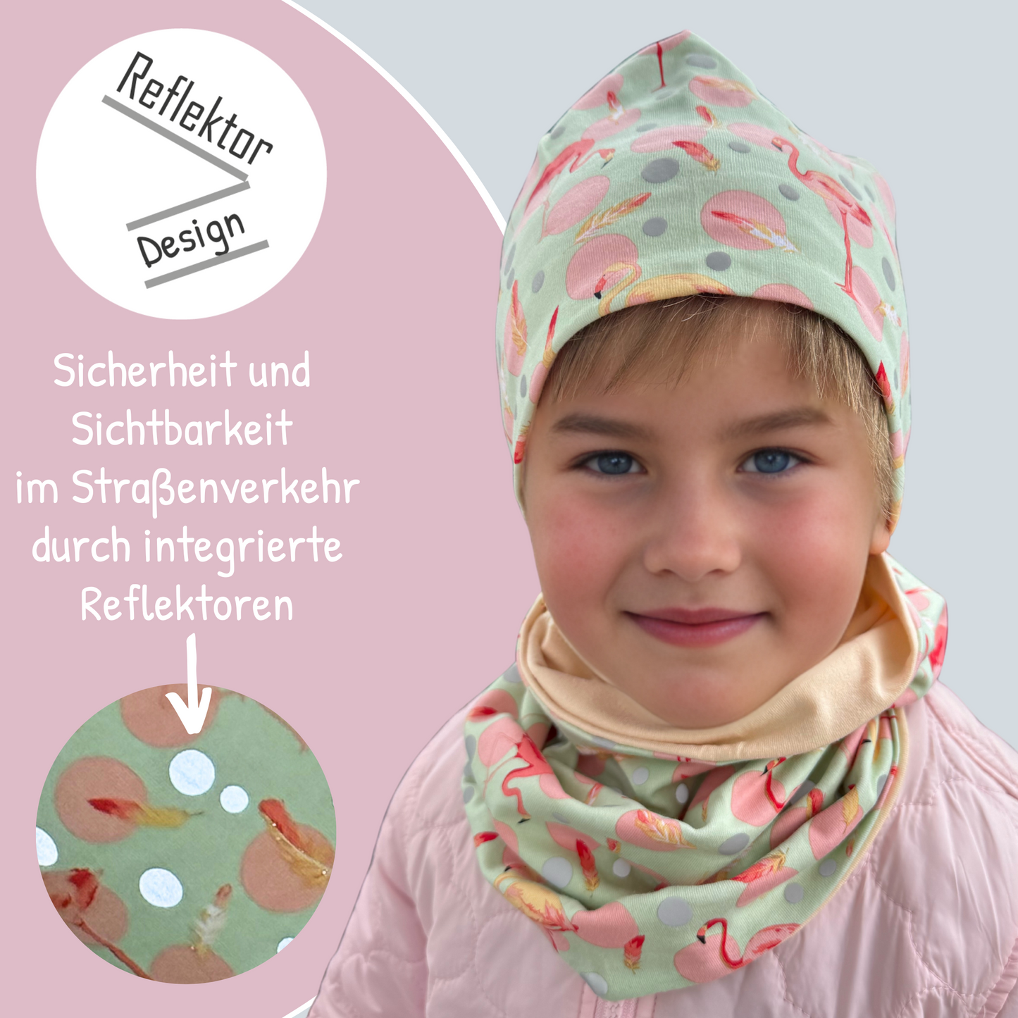 Kinder Reflektor Mütze & Loop - Flamingo