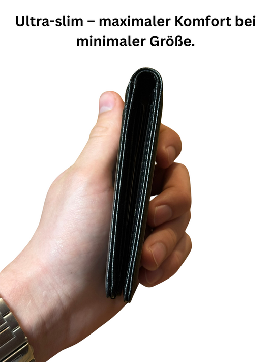 Echtleder Slim Wallet Schwarz – Kompaktes Unisex Portemonnaie RFID Schutz