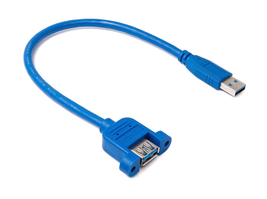 SYSTEM-S USB 3.0 snúra, 30 cm, karlkyns í kvenkyns, blá, skrúfuð