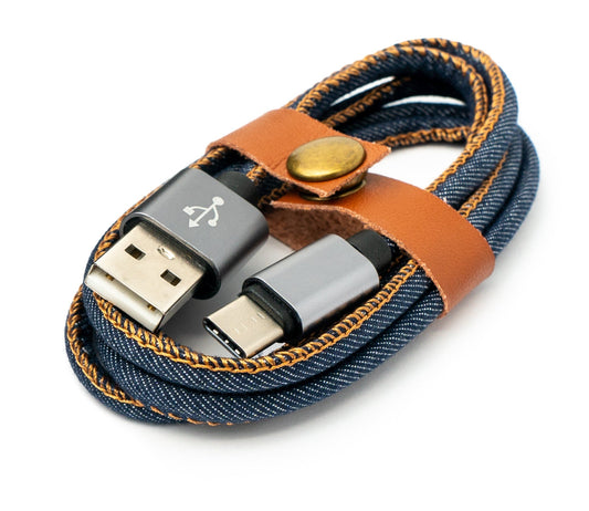 SYSTEM-S USB 3.1 snúra 100 cm Type C karlkyns í 2.0 Type A karlkyns fléttuð í denimbláu