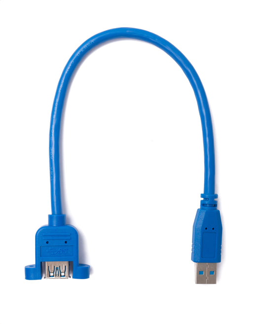 SYSTEM-S USB 3.0 snúra, 30 cm, karlkyns í kvenkyns, blá, skrúfuð
