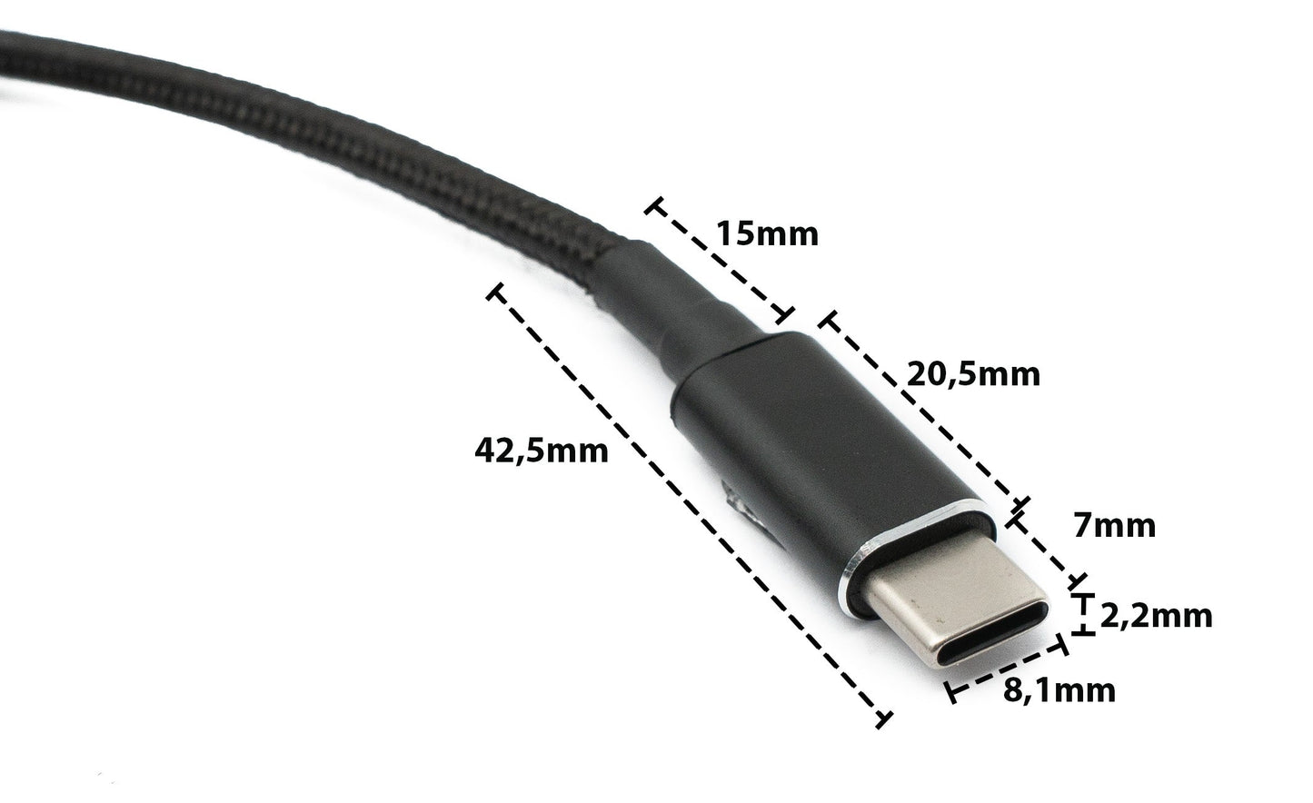 SYSTEM-S USB 3.1 snúra 150 cm Type C tengi í rétthyrndan 11,0 x 4,5 mm fléttaðan tengi