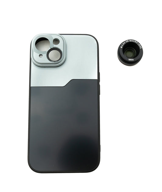 SYSTEM-S Macro linsa 2.8x 37 mm HD sía með hulstri fyrir iPhone 15 í svörtu og gráu