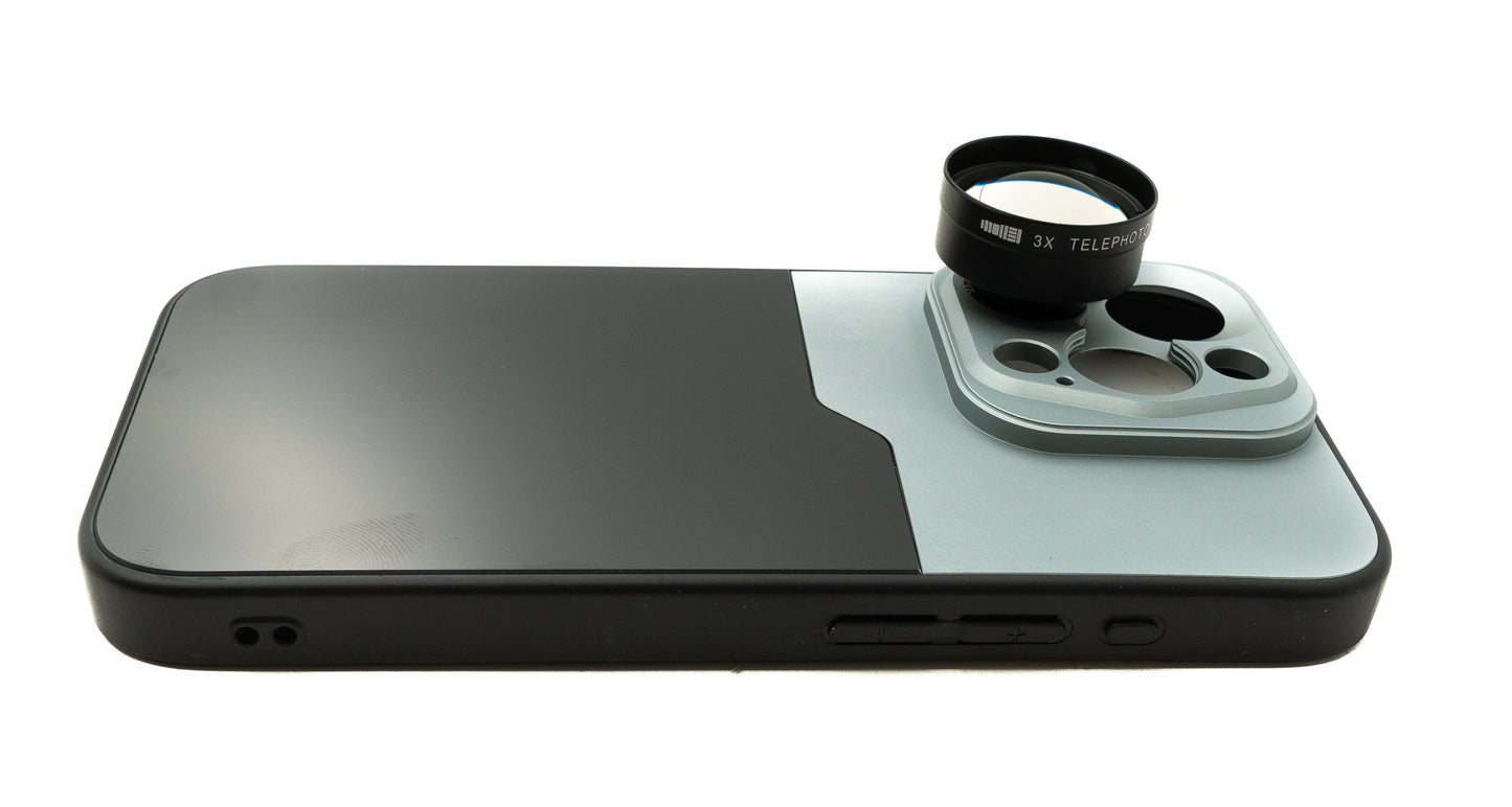 SYSTEM-S aðdráttarlinsa 3x aðdráttarlinsa 37 mm sía með hulstri fyrir iPhone 15 Pro í svörtu og gráu