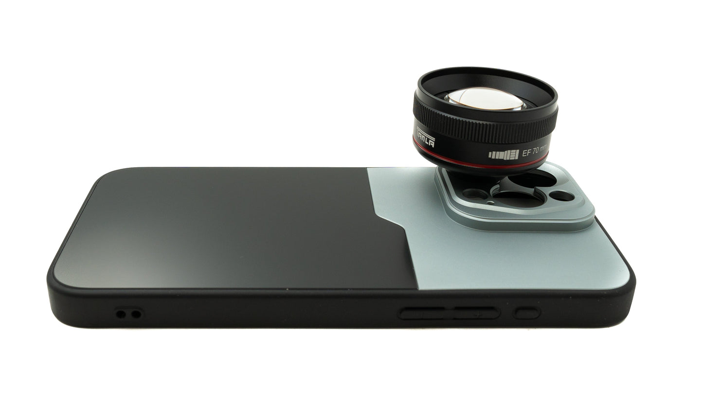 SYSTEM-S EF70mm Portrait Tele Objektiv 37 mm HD Filter mit Hülle für iPhone 15 Pro Max in Schwarz Grau