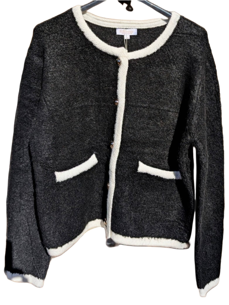 Cardigan Chanel Style Damen Strickjacke Bouclé Schwarz Weiß Goldknöpfe Viskose, One Size - von EFFENY