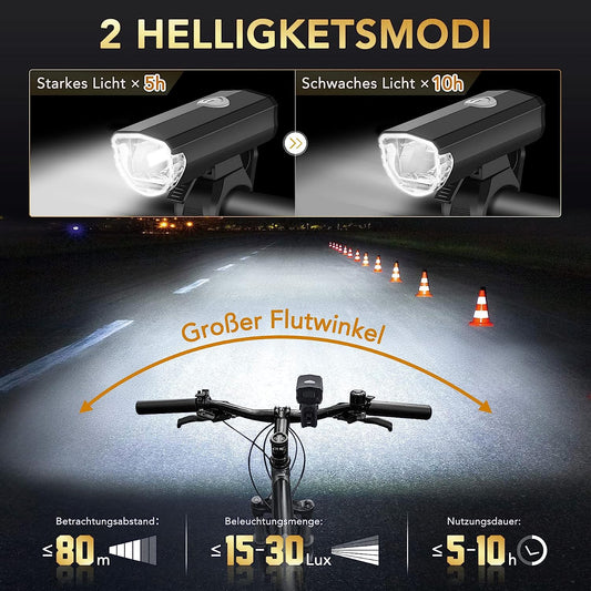 LED Fahrradlicht Set USB Akku 30/15 Lux StVZO Fahrradlampe Fahrradbeleuchtung