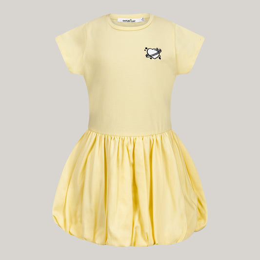 Balloon-Kleid aus Baumwolle mit Herz Stickerei in gelb