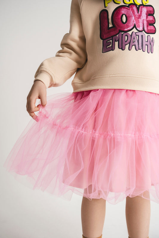 Bleikur kjóll úr bómull/tyll