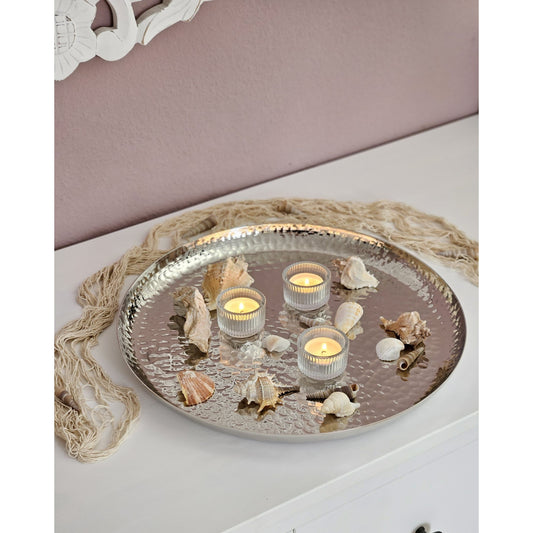 Teller silber Metallteller Deko Schale Hammerschlag Kerzenteller rund 37 cm