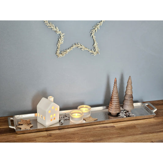 Metalltablett Tablett Serviertablett lang 59 cm Dekotablett silber mit Henkel