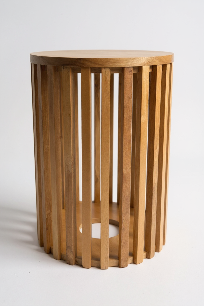 Teakholz-Beistelltisch - Holzhocker Couchtisch - Handgefertigt aus Massivholz – Holzleisten Rund - 50x30x30 cm