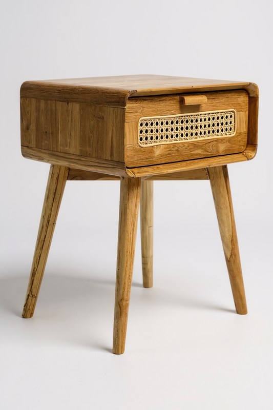 Rattan Beistelltisch – Nachttisch Ablagetisch Couchtisch – Stilvoll mit Schublade – Handgefertigter Vintage Look aus Teakholz – 60x50x40 cm
