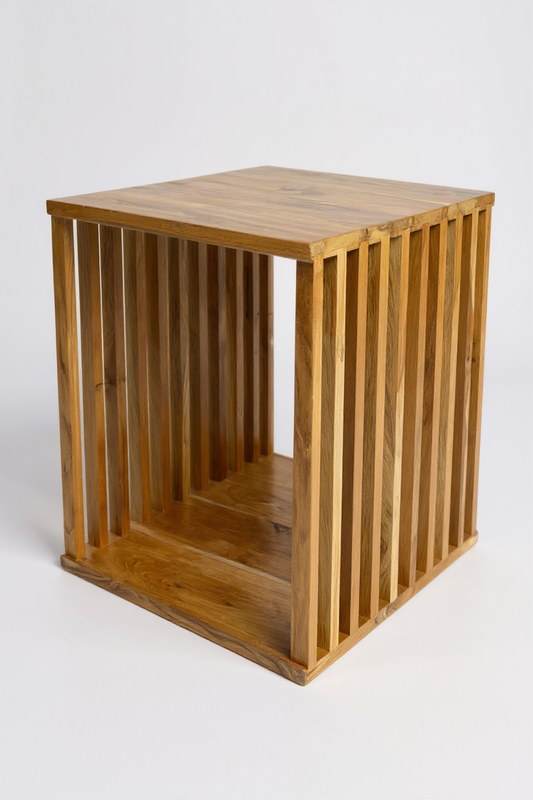 Teakholz-Beistelltisch - Holzhocker Couchtisch - Handgefertigt aus Massivholz – Holzleisten Würfel - 45x35x40 cm