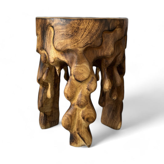 Flambierter Holzhocker - Beistelltisch Blumenhocker Ablagetisch - Unikat Handgefertigt - Rund Tropfend aus massivem Suarholz- 45x35x35 cm