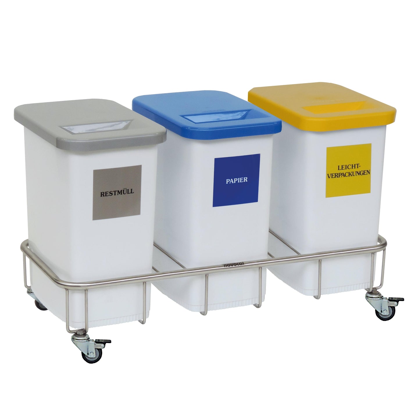 Novocal Wertstoffsammler Fahrgestell, Dreifachsammler Material: Edelstahl - mit 3 Kunststoffbehäl | Packung (1 Stück)